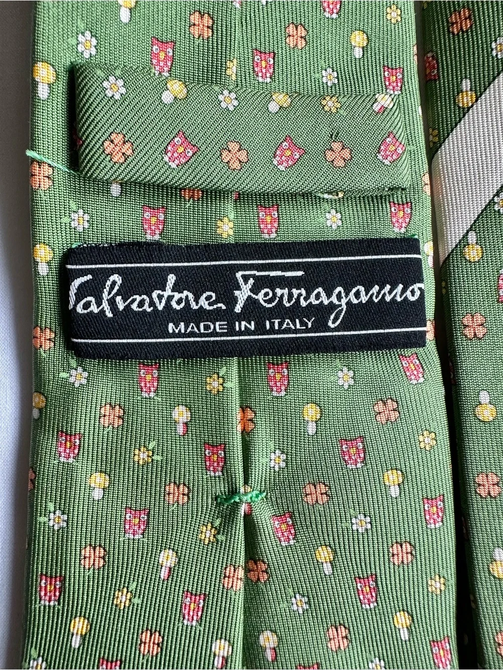Salvatore Ferragamo Green Tie with Pink and Yellow Owl & Mushroom Micro Motif